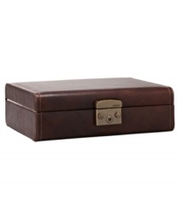 Keep your watches organized and dust free with Fossil's Dillon 10 piece watch box. This rich leather box is the perfect vintage-inspired place to store and carry your favorite timepieces. Keep your watches organized and dust free with Fossil's Dillon 10 piece watch box. This rich leather box is the perfect vintage-inspired place to store and carry your favorite timepieces.