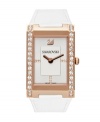 Exquisite details lend a luxurious air to this Citra watch by Swarovski. White croc-embossed leather strap and rectangular rose-gold PVD case crystallized with Swarovski elements at sides. Silvery white sunray dial features Swarovski elements set in rose-gold tone markers at three, six and nine o'clock, logo at twelve o'clock and two hands. Swiss quartz movement. Water resistant to 30 meters. Two-year limited warranty.