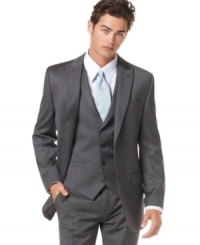 Update your collection of classic, fine-tailored suits with this timeless gray jacket. Update your collection of classic, fine-tailored suits with this timeless gray jacket.