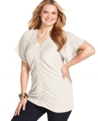 A ruched front lends a slenderizing look to Style&co.'s short sleeve plus size top, accented by crochet trim-- finish the outfit with your favorite jeans. A ruched front lends a slenderizing look to Style&co.'s short sleeve plus size top, accented by crochet trim-- finish the outfit with your favorite jeans.