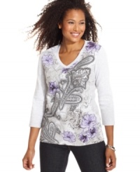 Karen Scott's easy V-neck features a pretty paisley and floral graphic. Pair it with jeans for essential style everyday. Karen Scott's easy V-neck features a pretty paisley and floral graphic. Pair it with jeans for essential style everyday.