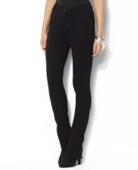 With a double-knit twill construction, Lauren Ralph Lauren's slim-fitting pant creates a sleek look that can be dressed up or down. With a double-knit twill construction, Lauren Ralph Lauren's slim-fitting pant creates a sleek look that can be dressed up or down.