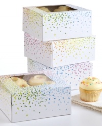 Perfect for the party! Take your baked greats on the go with these fun and festive collapsible cupcake boxes, which are lit up with a bright confetti pattern and have a display window to proudly show off your sweets. Holding up to four cupcakes, each box puts that professional touch on your treats. Perfect for the party! Take your baked greats on the go with these fun and festive collapsible cupcake boxes, which are lit up with a bright confetti pattern and have a display window to proudly show off your sweets. Holding up to four cupcakes, each box puts that professional touch on your treats.