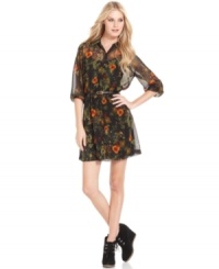 The classic shirtdress get's a trendy fall makeover with this Kensie version in a winter floral-print chiffon fabric -- perfectly paired with the season's tights & boots! The classic shirtdress get's a trendy fall makeover with this Kensie version in a winter floral-print chiffon fabric -- perfectly paired with the season's tights & boots!