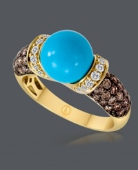 Polish your look with a delicate splash of color. This rich ring from CARLO VIANI® features a bold turquoise center stone (9 mm) surrounded by rows of white diamond (1 ct. t.w.) and natural brown diamonds (3/4 ct. t.w.) at the shoulders. Crafted in 14k gold. Size 7.