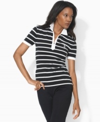 Lauren by Ralph Lauren's sporty short-sleeved polo is tailored with a half-zip placket from comfortable striped cotton and finished with an embroidered crest for heritage appeal. Lauren by Ralph Lauren's sporty short-sleeved polo is tailored with a half-zip placket from comfortable striped cotton and finished with an embroidered crest for heritage appeal.