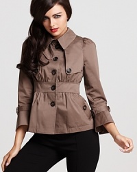 Master effortless chic with a Moschino Cheap and Chic jacket--a feminine layer flaunting ruffled cuffs and pleats at the back for an elegantly tailored finish. Master effortless chic with a Moschino Cheap and Chic jacket--a feminine layer flaunting ruffled cuffs and pleats at the back for an elegantly tailored finish.
