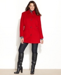 Calvin Klein's classic plus size coat features a streamlined single-breasted look with chic contrast-color buttons. The perfect layer for a chilly night out! Calvin Klein's classic plus size coat features a streamlined single-breasted look with chic contrast-color buttons. The perfect layer for a chilly night out!
