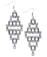 Dust your shoulders with diamond-shaped drops. Bar III's stunning earrings feature round-cut clear and violet-colored acrylic crystals in an intricate pattern. Set in burnished silver tone mixed metal. Approximate drop length: 2-3/4 inches. Approximate drop width: 1-3/16 inches. Dust your shoulders with diamond-shaped drops. Bar III's stunning earrings feature round-cut clear and violet-colored acrylic crystals in an intricate pattern. Set in burnished silver tone mixed metal. Approximate drop length: 2-3/4 inches. Approximate drop width: 1-3/16 inches.