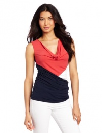 Three Dots Red Women's Colorblock Draped Cowl Top