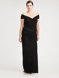 Be prepared for heads to turn when you are wearing this gown with flattering gathered details. Its off-the-shoulder design is perfect for flaunting the decolletage.Off-the-shoulder designTwist-front detailGathered bodiceSide ruchingConcealed back zipper Fully linedAbout 49 from natural hem93% nylon/7% spandexDry cleanImported Be prepared for heads to turn when you are wearing this gown with flattering gathered details. Its off-the-shoulder design is perfect for flaunting the decolletage.Off-the-shoulder designTwist-front detailGathered bodiceSide ruchingConcealed back zipper Fully linedAbout 49 from natural hem93% nylon/7% spandexDry cleanImported