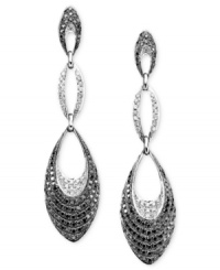 Fanciful fashion fills these fabulous earrings featuring round-cut black diamonds (1-5/8 ct. t.w.) and white diamonds (3/8 ct. t.w.) set in 14k white gold. Approximate drop: 2-1/2 inches. Fanciful fashion fills these fabulous earrings featuring round-cut black diamonds (1-5/8 ct. t.w.) and white diamonds (3/8 ct. t.w.) set in 14k white gold. Approximate drop: 2-1/2 inches.