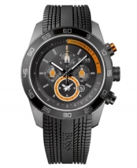 Explore endless possibilities with this multifunctional watch from Hugo Boss. Crafted of black textured rubber strap and round black ion-plated stainless steel case. Numerals at black bezel. Black and orange chronograph dial with four subdials, date window, logo, stick indices, tachymeter scale, luminous hour/minute hands and orange-tipped second hand. Quartz movement. Water resistant to 100 meters. Two-year limited warranty. Explore endless possibilities with this multifunctional watch from Hugo Boss. Crafted of black textured rubber strap and round black ion-plated stainless steel case. Numerals at black bezel. Black and orange chronograph dial with four subdials, date window, logo, stick indices, tachymeter scale, luminous hour/minute hands and orange-tipped second hand. Quartz movement. Water resistant to 100 meters. Two-year limited warranty.