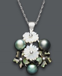 Give her flowers to last a lifetime. This timeless pendant features a pretty bouquet crafted from cultured Tahitian pearls (7-8 mm) and cultured freshwater Mother of Pearl (10 mm) suspended from a delicate sterling silver chain. Approximate length: 18 inches. Approximate drop: 1-1/8 inches. Give her flowers to last a lifetime. This timeless pendant features a pretty bouquet crafted from cultured Tahitian pearls (7-8 mm) and cultured freshwater Mother of Pearl (10 mm) suspended from a delicate sterling silver chain. Approximate length: 18 inches. Approximate drop: 1-1/8 inches.