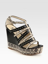 Snake-print leather trim, intertwining straps and decorative stitching update this classic leather wedge. Stacked wedge with snake-print leather trim, 4½ (115mm)Snake-print leather platform, 1 (25mm)Compares to a 3½ heel (90mm)Snake-print leather and leather upperLeather lining and solePadded insoleImported Snake-print leather trim, intertwining straps and decorative stitching update this classic leather wedge. Stacked wedge with snake-print leather trim, 4½ (115mm)Snake-print leather platform, 1 (25mm)Compares to a 3½ heel (90mm)Snake-print leather and leather upperLeather lining and solePadded insoleImported