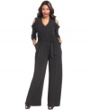 Heat up the party circuit in Spense's cold-shoulder plus size jumpsuit, accentuated by a belted waist.