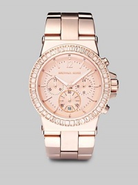 This feminine yet sturdy timepiece of rose goldtone stainless steel is framed in light peach crystals, with a link bracelet band that has shiny outer links and brushed center links.Chronograph movement Waterproof up to 10 ATM 43mm stainless steel case Light rose goldtone dial Round face Second hand Link bracelet Imported This feminine yet sturdy timepiece of rose goldtone stainless steel is framed in light peach crystals, with a link bracelet band that has shiny outer links and brushed center links.Chronograph movement Waterproof up to 10 ATM 43mm stainless steel case Light rose goldtone dial Round face Second hand Link bracelet Imported