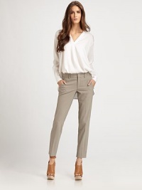 Lightweight wool blend with a cropped, slim-fitting silhouette. Button frontFront zipperSlash pocketsBack besom pocketsInseam, about 3096% wool/4% Lycra® Machine washMade in Italy of imported fabricModel shown is 5'11 (180cm) wearing US size 4. Lightweight wool blend with a cropped, slim-fitting silhouette. Button frontFront zipperSlash pocketsBack besom pocketsInseam, about 3096% wool/4% Lycra® Machine washMade in Italy of imported fabricModel shown is 5'11 (180cm) wearing US size 4.