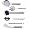 Since 1853 WMF has produced quality-designed products for professional and home use. In keeping with tradition the Profi Plus line of kitchen tools and gadgets are produced and tested with key factors that affect cooking performance: weight, balance, size. The result is over 100 perfect designed tools to choose from - Variety is the spice of life. Stainless steel, dishwasher safe. Shown left to right: strainer, egg separator, washing brush, ice cream scoop, apple corer, tomato knife.