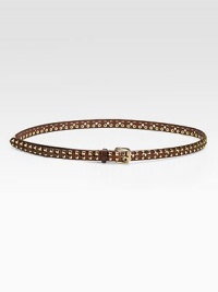 THE LOOKA slim strap with rows of round and squared shiny studs Polished rectangular buckleTHE FIT½WTHE MATERIALLeatherORIGINImported