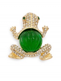 THE LOOKFrog silhouetteGlass crystal accentsColored glass details22k goldplated settingCircle lock closureTHE MEASUREMENTWidth, about 1½ORIGINImported THE LOOKFrog silhouetteGlass crystal accentsColored glass details22k goldplated settingCircle lock closureTHE MEASUREMENTWidth, about 1½ORIGINImported