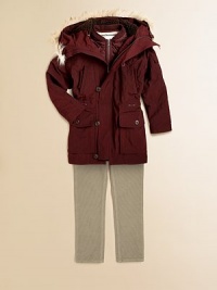 Triple the warmth and comfort, this 3-in-1 parka has a hooded, fuzzy-lined top layer, plenty of pockets and a drawstring waistband Triple the warmth and comfort, this 3-in-1 parka has a hooded, fuzzy-lined top layer, plenty of pockets and a drawstring waistband