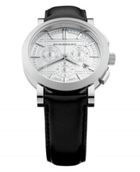Burberry timepiece features a black leather strap and stainless steel case. Silvertone check etched chronograph dial with date window at 4 o'clock, three subdials and silvertone indices. Three hands. Swiss movement. Water resistant to 30 meters. Two-year limited warranty. Burberry timepiece features a black leather strap and stainless steel case. Silvertone check etched chronograph dial with date window at 4 o'clock, three subdials and silvertone indices. Three hands. Swiss movement. Water resistant to 30 meters. Two-year limited warranty.