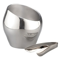 Forged of lustrous, Nambé metal, this ice/champagne bucket exemplifies designer Todd Myers's artistic vision of eschewing straight lines. Instead, he presents a bulbous shape of soft curves highlighted by a radically tilted mouth that eases access to ice or allows a Champagne bottle to chill at a fetching angle. Accompanying the bucket are ice tongs, also forged in 18/10 stainless steel.