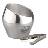 Forged of lustrous, Nambé metal, this ice/champagne bucket exemplifies designer Todd Myers's artistic vision of eschewing straight lines. Instead, he presents a bulbous shape of soft curves highlighted by a radically tilted mouth that eases access to ice or allows a Champagne bottle to chill at a fetching angle. Accompanying the bucket are ice tongs, also forged in 18/10 stainless steel. Forged of lustrous, Nambé metal, this ice/champagne bucket exemplifies designer Todd Myers's artistic vision of eschewing straight lines. Instead, he presents a bulbous shape of soft curves highlighted by a radically tilted mouth that eases access to ice or allows a Champagne bottle to chill at a fetching angle. Accompanying the bucket are ice tongs, also forged in 18/10 stainless steel.