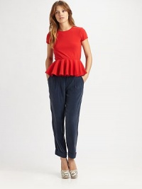 Top-fitted with a waist-defining peplum, the must-have silhouette of the season.JewelneckShort sleevesFitted bodiceCenter back zipperAbout 21 from shoulder to hem95% polyester/5% spandexDry cleanImportedModel shown is 5'8½ (174cm) wearing US size Small. Top-fitted with a waist-defining peplum, the must-have silhouette of the season.JewelneckShort sleevesFitted bodiceCenter back zipperAbout 21 from shoulder to hem95% polyester/5% spandexDry cleanImportedModel shown is 5'8½ (174cm) wearing US size Small.