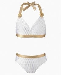 Golden girl. She'll be award-winning in this shiny swimsuit from Penelope Mack. Golden girl. She'll be award-winning in this shiny swimsuit from Penelope Mack.