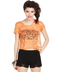 An assembly of bows line the back of this neon-bright lace top, adding dark cool to the perfect piece of fashion candy! From Material Girl. An assembly of bows line the back of this neon-bright lace top, adding dark cool to the perfect piece of fashion candy! From Material Girl.