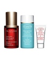 Reduce puffiness, dark circles and crow's feet with Clarins' forever young formula for eyes. Soothe, de-congest and tone eye contours with the ultimate five-minute mask. Eliminate every last trace of eyeshadow and mascara with a make-up remover that's easy on the eyes.Set includes:- Full-Size Total Eye Concentrate- Sample-Size Skin-Smoothing Eye Mask- Trial-Size Instant Eye Make-Up Remover