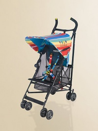 The Dylan's Candy Bar Volo is the sweetest stroller yet with rainbow-striped hood and coordinating seat liner.Candy-print rain cover8.8 lbs. makes it perfect for travelFive-second, single-hand foldingRemovable mesh seatReinforced chassisFive-point safety harnessLinked brakesAbout 32W X 40½H Recommended for ages 6 months and older, up to 55 lbs.Imported