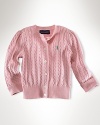 Ralph Lauren Childrenswear cable cardigan sweater. An essential long-sleeved cardigan in signature cabled cotton. Six-button placket. Ribbed neck, placket, cuffs and hem. Signature embroidered pony accents the chest.