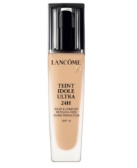 Following 8 years of research, Lancôme unveils its first 24-hour wear foundation for lasting perfection. With its new EternalSoft technology, Teint Idole Ultra 24H defeats all challenges. Complexion stays perfectly flawless and unified. Never cakey. 24-hour divine comfort in perfect affinity with the skin, Teint Idole Ultra 24H is irresistibly comfortable. Its new, blendable and fresh texture leaves the complexion perfectly smooth, velvety matte with no powdery effect. Result: The full coverage you need - flaws, pores, redness and all imperfections visibly disappear. The velvety finish you love for 24-hour lasting perfection and comfort. Full coverage. Velvety matte finish with no powdery effect. Eternalsoft Polymer - allows increased comfort level with ultra-long wear NAI pigments - specially coated pigments that maintain consistent pH level with skin so color stays true all day Perlite and Silica - two of the most effective oil-absorbing ingredients. Following 8 years of research, Lancôme unveils its first 24-hour wear foundation for lasting perfection. With its new EternalSoft technology, Teint Idole Ultra 24H defeats all challenges. Complexion stays perfectly flawless and unified. Never cakey. 24-hour divine comfort in perfect affinity with the skin, Teint Idole Ultra 24H is irresistibly comfortable. Its new, blendable and fresh texture leaves the complexion perfectly smooth, velvety matte with no powdery effect. Result: The full coverage you need - flaws, pores, redness and all imperfections visibly disappear. The velvety finish you love for 24-hour lasting perfection and comfort. Full coverage. Velvety matte finish with no powdery effect. Eternalsoft Polymer - allows increased comfort level with ultra-long wear NAI pigments - specially coated pigments that maintain consistent pH level with skin so color stays true all day Perlite and Silica - two of the most effective oil-absorbing ingredients.