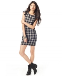 Bar III mixes laid-back plaid with feminine ruffles and a fitted sheath silhouette for a unique take on a fall classic.