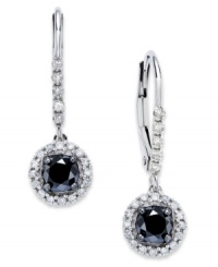 Punctuate your style with poignant drops. Round-cut black (3/4 ct. t.w.) and white diamonds (1/4 ct. t.w.) adorn these lovely circular drop earrings. Crafted in 14k white gold with a lever backing. Approximate drop: 1/2 inch. Punctuate your style with poignant drops. Round-cut black (3/4 ct. t.w.) and white diamonds (1/4 ct. t.w.) adorn these lovely circular drop earrings. Crafted in 14k white gold with a lever backing. Approximate drop: 1/2 inch.