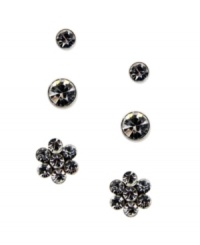 Add sparkle and shine to match any ensemble. GUESS's three pair stud earring set features two pairs of round-cut studs and a sweet pair of flower studs. Crafted in silver tone mixed metal with sparkling clear crystals. Approximate diameters: 7 mm, 5 mm, and 3-1/2 mm. Add sparkle and shine to match any ensemble. GUESS's three pair stud earring set features two pairs of round-cut studs and a sweet pair of flower studs. Crafted in silver tone mixed metal with sparkling clear crystals. Approximate diameters: 7 mm, 5 mm, and 3-1/2 mm.