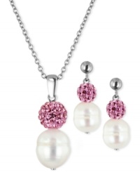 Beautiful in pink. This necklace and earrings set is crafted in sterling silver with cultured freshwater pearls (9-11 mm) and crystals coming together for a captivating look. Approximate length: 18 inches. Approximate drop: 7/8 inch. Approximate drop, earrings: 3/4 inch. Beautiful in pink. This necklace and earrings set is crafted in sterling silver with cultured freshwater pearls (9-11 mm) and crystals coming together for a captivating look. Approximate length: 18 inches. Approximate drop: 7/8 inch. Approximate drop, earrings: 3/4 inch.