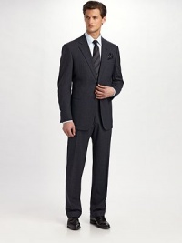 The essential navy suit, a timeless and forever elegant micro design. 98% wool/2% elastane. Dry clean. Made in Italy.JACKETTwo-button closure Notch lapel Chest ticket pocket Waist besom pockets Button cuffs Side vents Fully lined About 30 from shoulder to hemPANTSFlat front, belt loops Zip fly Lined to knee Quarter top pockets Side pockets Button back welt pockets Unfinished hem 