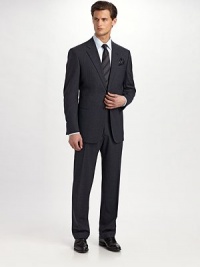 The essential navy suit, a timeless and forever elegant micro design. 98% wool/2% elastane. Dry clean. Made in Italy.JACKETTwo-button closure Notch lapel Chest ticket pocket Waist besom pockets Button cuffs Side vents Fully lined About 30 from shoulder to hemPANTSFlat front, belt loops Zip fly Lined to knee Quarter top pockets Side pockets Button back welt pockets Unfinished hem The essential navy suit, a timeless and forever elegant micro design. 98% wool/2% elastane. Dry clean. Made in Italy.JACKETTwo-button closure Notch lapel Chest ticket pocket Waist besom pockets Button cuffs Side vents Fully lined About 30 from shoulder to hemPANTSFlat front, belt loops Zip fly Lined to knee Quarter top pockets Side pockets Button back welt pockets Unfinished hem
