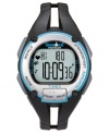 Ramp up your training regimen with this multifunctional watch by Timex. Black and turquoise resin strap and round case. Digital display dial with heart rate monitor, 50-lap chronograph and INDIGLO. Quartz movement. Water resistant to 100 meters. One-year limited warranty.