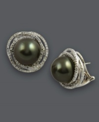 Sweet studs are the perfect face-framing touch. Effy Collection earrings highlight a black cultured Tahitian pearl (12-1/2 mm) surrounded by overlapping swirls of round-cut diamonds (1-1/10 ct. t.w.). Set in 14k white gold. Approximate diameter: 3/4 inch.