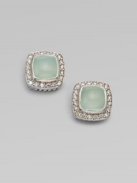 From the Petite Albion Collection. An exquisite design with dazzling pavé diamonds surrounding an aqua chalcedony stone set in sterling silver. Aqua chalcedonyDiamonds, .4 tcwSterling silverSize, about ¼Post backImported From the Petite Albion Collection. An exquisite design with dazzling pavé diamonds surrounding an aqua chalcedony stone set in sterling silver. Aqua chalcedonyDiamonds, .4 tcwSterling silverSize, about ¼Post backImported