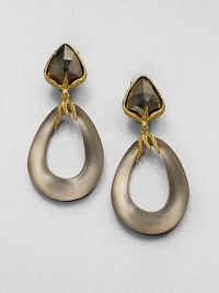 From the Lucite Allegory Collection. Faceted triangles of rich pyrite are framed in thorny, textured goldtone that holds open oval loops of hand-painted, hand-sculpted lucite.PyriteLuciteGoldtoneLength, about 2.6Width, about 1.25Clip-on backMade in USA From the Lucite Allegory Collection. Faceted triangles of rich pyrite are framed in thorny, textured goldtone that holds open oval loops of hand-painted, hand-sculpted lucite.PyriteLuciteGoldtoneLength, about 2.6Width, about 1.25Clip-on backMade in USA