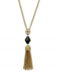 Tasteful in tassels. This elegant pendant necklace from T Tahari combines golden tassel drops, a jet bead and crystal filigree pendant. Crafted in 14K gold-plated mixed metal. Nickel-free for sensitive skin. Approximate length: 17 inches + 3-inch extender. Approximate drop: 3 inches. Tasteful in tassels. This elegant pendant necklace from T Tahari combines golden tassel drops, a jet bead and crystal filigree pendant. Crafted in 14K gold-plated mixed metal. Nickel-free for sensitive skin. Approximate length: 17 inches + 3-inch extender. Approximate drop: 3 inches.
