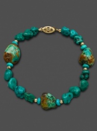 Gorgeously rough around the edges. Turquoise chips (6-7 mm) align for a naturally beautiful effect in this bracelet crafted in 14k gold. Approximate length: 7-1/2 inches. Gorgeously rough around the edges. Turquoise chips (6-7 mm) align for a naturally beautiful effect in this bracelet crafted in 14k gold. Approximate length: 7-1/2 inches.