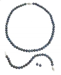 Traditional design that sets you apart. This stunning jewelry set features grey cultured freshwater pearls (6-7 mm) mixed with sparkling black diamond accents in sterling silver. Set includes a matching necklace, bracelet and pair of stud earrings. Approximate length (necklace): 18 inches. Approximate length (bracelet): 7-1/2 inches. Approximate diameter (earrings): 1/4 inch. Traditional design that sets you apart. This stunning jewelry set features grey cultured freshwater pearls (6-7 mm) mixed with sparkling black diamond accents in sterling silver. Set includes a matching necklace, bracelet and pair of stud earrings. Approximate length (necklace): 18 inches. Approximate length (bracelet): 7-1/2 inches. Approximate diameter (earrings): 1/4 inch.