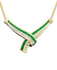 Light up the room with a lovely necklace featuring round-cut emeralds (1-1/4 ct. t.w.) and round-cut diamonds (1/4 ct. t.w.). Set in 14k gold. Chain measures 16 inches; drop measures 1-1/4 inches. Light up the room with a lovely necklace featuring round-cut emeralds (1-1/4 ct. t.w.) and round-cut diamonds (1/4 ct. t.w.). Set in 14k gold. Chain measures 16 inches; drop measures 1-1/4 inches.